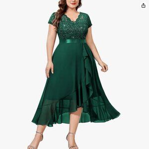 Knitee Half Sleeves Cape Dress Lace V Neck Evening Party Dress (Green, 2XL)